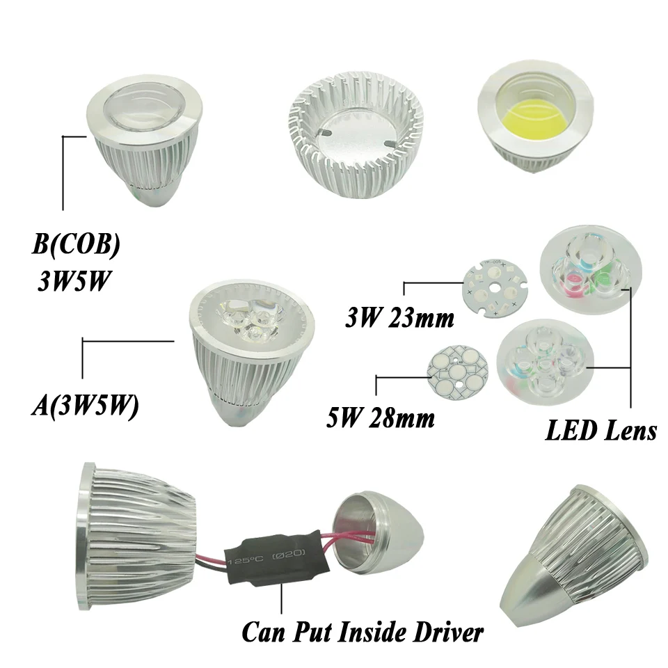 2 шт., 3 Вт, 5 Вт, диаметр 49x62 мм, светодиодный алюминиевый светильник, головной корпус, светильник для дома, точечный светильник/чехол для лампы, комплекты+ радиатор PCB+ объектив