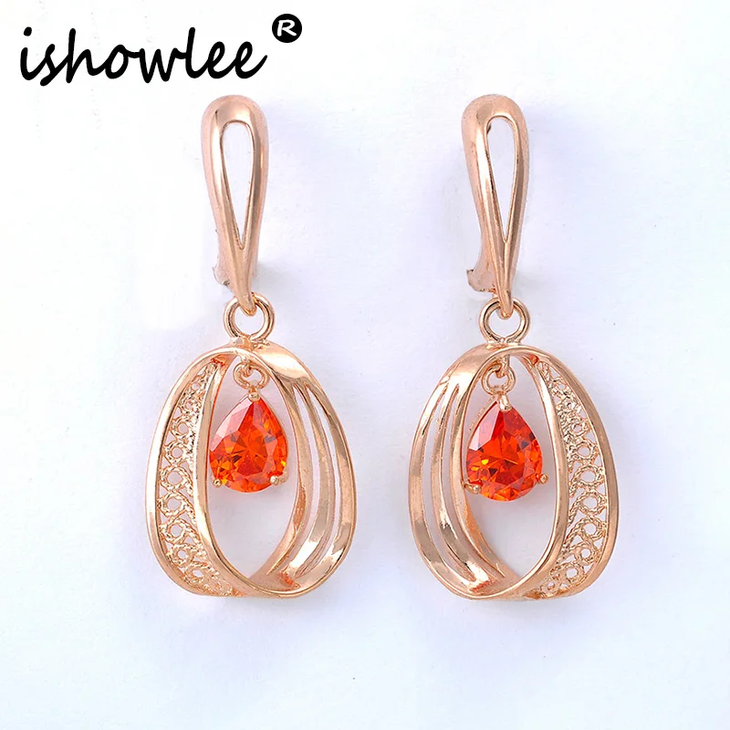 

ISHOWLEE Gold 585 Red Zircon Hollow Out Dangling Earrings With Stones Korean Wedding Unusual Women's Earrings Luxe Jewelry esp60