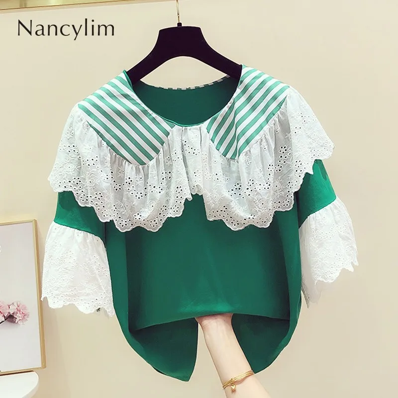 

Summer Loose Green Tshirt Women New Fashion Stripe Collision Stitching Lace Lotus Leaf Edge Short Sleeve T-shirt Ladies Top