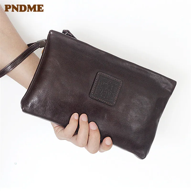

PNDME simple genuine leather men's hand bag vintage soft First layer cowhide handmade long female purse phone redit cards bags