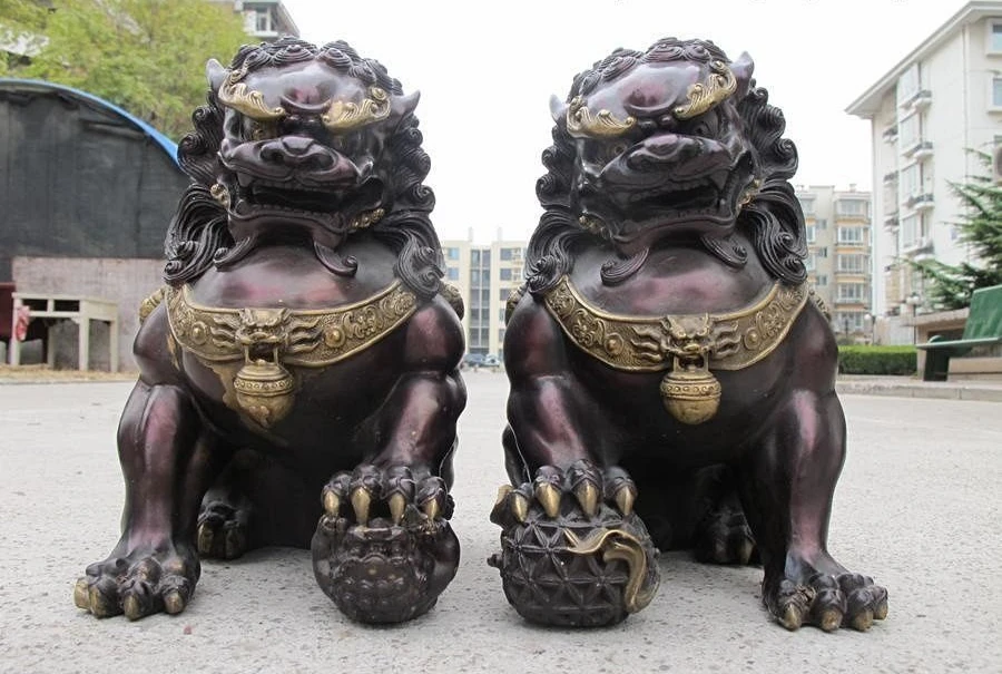 

China Red Bronze Copper Feng Shui Evil Guardian Door Fu Foo Dog Lion statue Pair