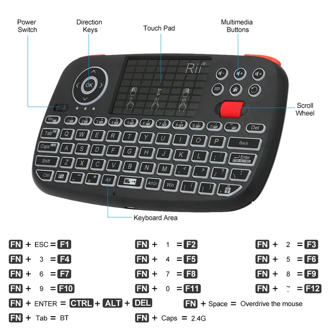Rii i4 Mini BT Wireless Keyboard With Touchpad 2.4GHz Backlit Mouse Remote Control For Windows Android TV Box Smart TV 2