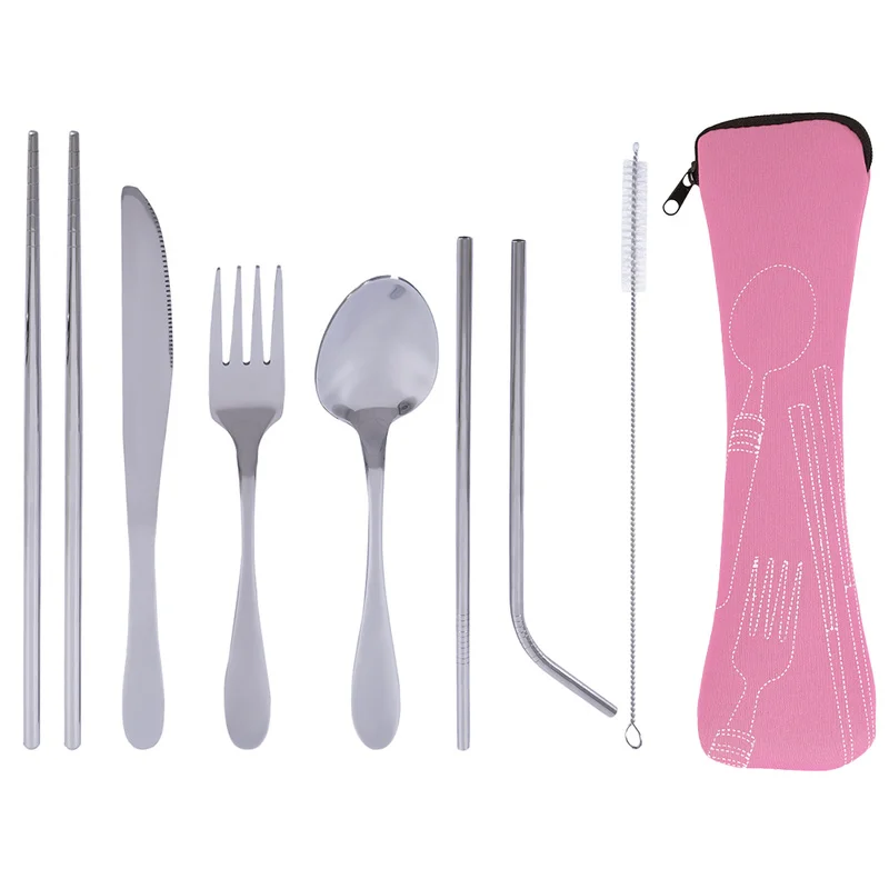 

7pcs Stainless Steel Dinnerware Set for Camping Travel Outdoor Portable Fork Spoon Chopsticks Straw Tableware Suit Kitchen Tools