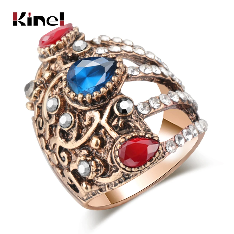 

Kinel Unique Vintage Ring For Women Bohemia Ethnic Wedding Jewelry Antique Gold Color Turkish Punk Big Rings 2019 New