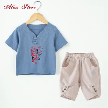 

Boys cotton and linen summer Hanfu clothing sets 2018 children's v-neck Print Facebook tops + pants 2 pcs suit retro clothes