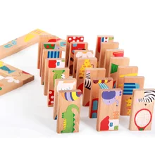 28pcs/set Wooden Colored Dominoes Cartoon Congnitive Domino Blocks Game Intelligence Games Children Learning Education Toys