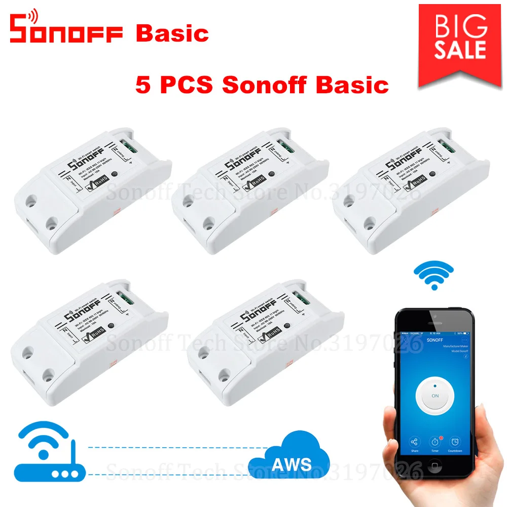 

5PCS Itead Sonoff Smart Wifi Switch Relay Smart Wireless Control Interruptor Wifi Light Switch Smart Home Remote Work with Alexa