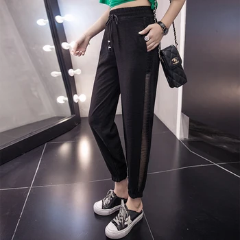 

Black Harem Pants Women Streetwear Chiffon Joggers Elastic Waist Thin Pantalon Femme Casual Korean Side Mesh Hollow Out Trousers