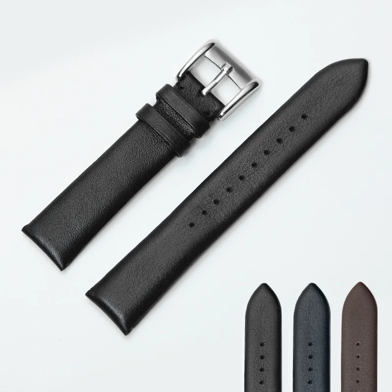 

ShiHui Male General purpose Genuine leather Cowhide watchband Flat texture Pin buckle Bracelet black blue brown 20 22mm