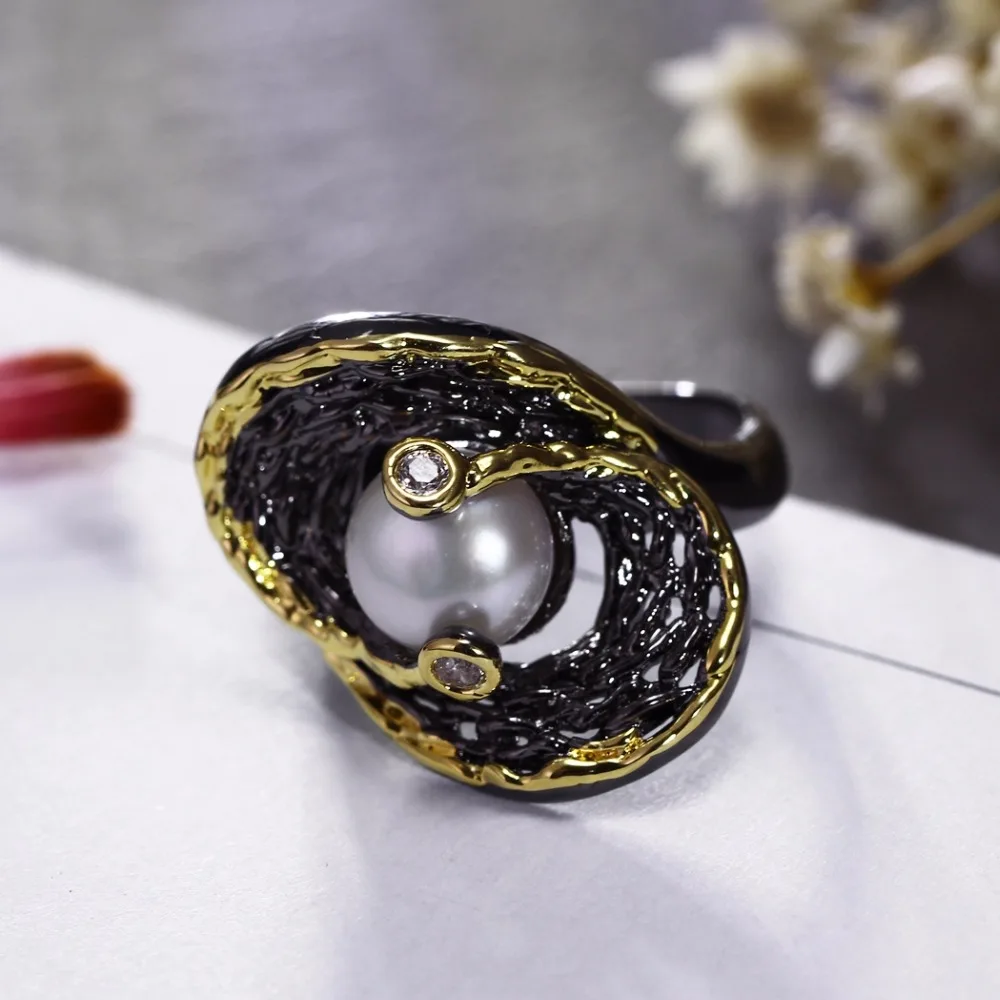 ヴィンテージピック真珠高品質ユニークな声明ブラックゴールドのカラー周年記念ギフトジルコン石トレンディ黒リング用女性 Rings For Women Ring Forblack Ring Aliexpress