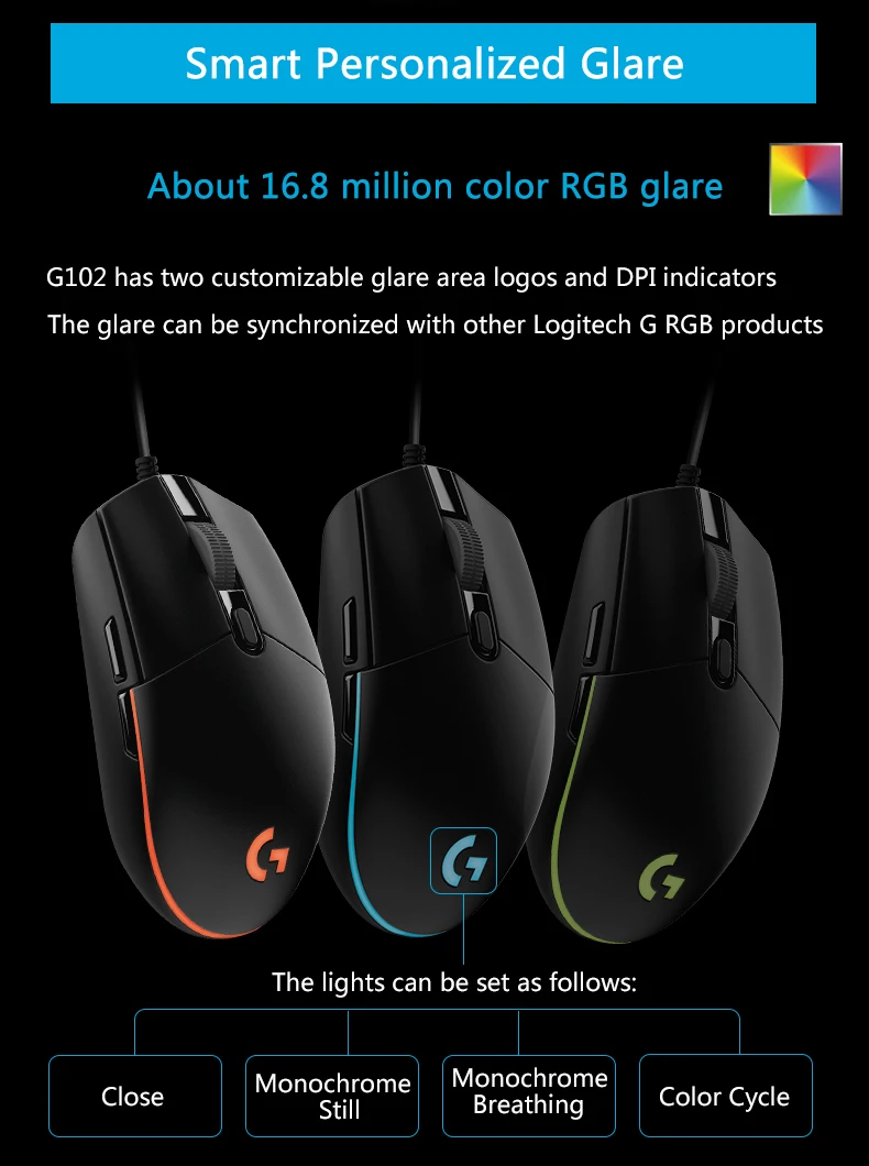 Оригинальная игровая мышь logitech G102 Prodigy с 8000 dpi RGB 10 м кликами, программируемая для всех геймеров PUBG Overwatch