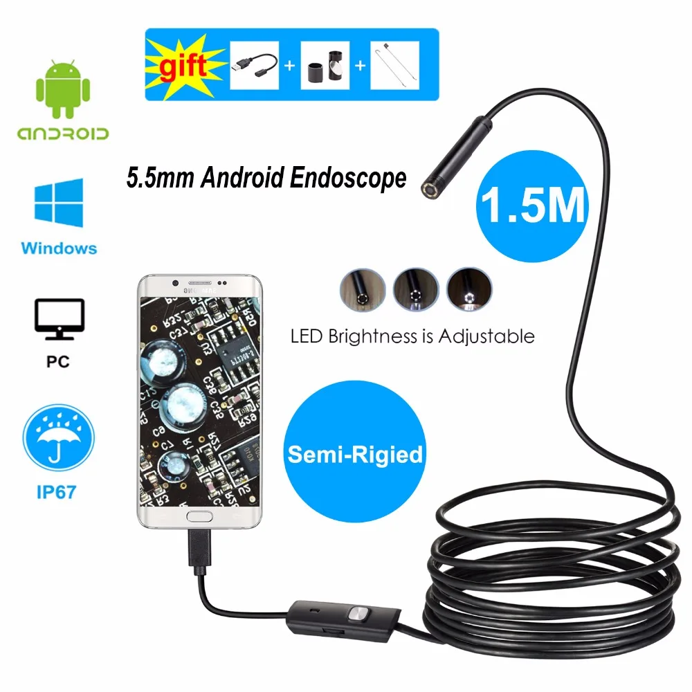 2018/5. 5 мм объектив 1 м 2 3 Android USB эндоскоп камера Гибкая Змея труба осмотр телефон