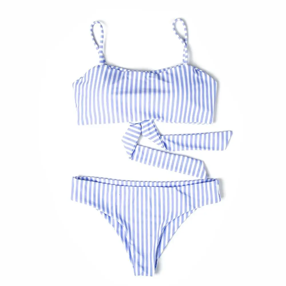 2 шт./компл. Для женщин Бикини Swinsuit с лямкой на шее в полоску цельный купальник со шнуровкой, купальник, пуш-ап, комплект из двух предметов