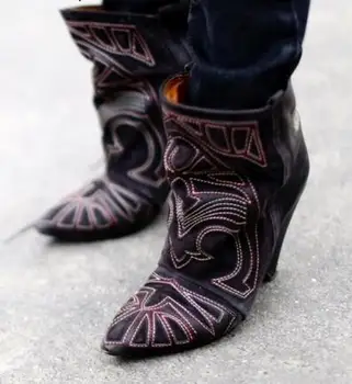 

Hot Fashion Red Suede Ankle Boots Embroidered Lady Spike Heels Shoe Cowboy Short Boots Women Slip-on Pointed Toe Ankle Booties
