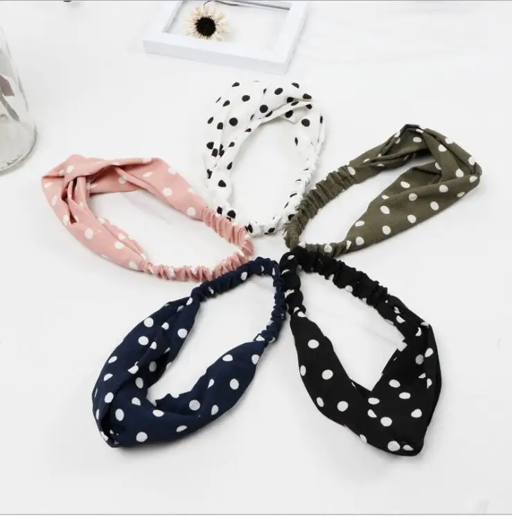 

Literary Wave Point Headband for Women Girls Chiffon Cross Turban Headwear Bath Makeup Hair Band Accessories Round Dot Bandanas