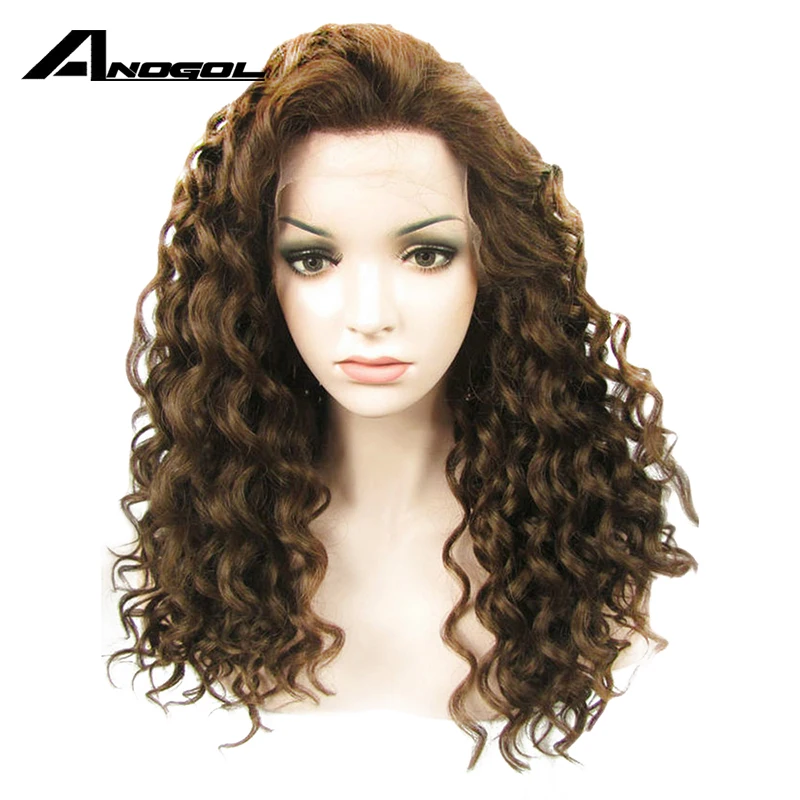 

Anogol Handmade Synthetic Lace Front Wig Long Curly Medium Brown Peruca Laco Sintetico Heat Resistant Natural Fully Hair Wigs