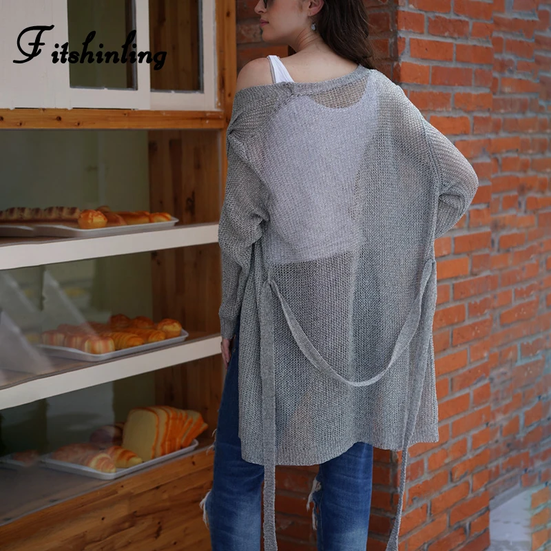 Fitshinling Hollow Out Autumn Long Cardigan Women Sweater Fashion Slim Grey Women's Knitted Jacket With Sashes Cardigans