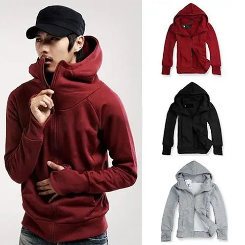 2019 Cool Men Winter Warm Solid Color Gloves Sleeve Hooded Sweatshirt Outwear Jacket