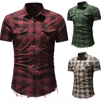 

Men Plaid Shirt Short Sleeve Denim Shirts 2019 Fashion Casual Soft Comfort Slim Fit Men's Clothing Hip Hop Streetwear
