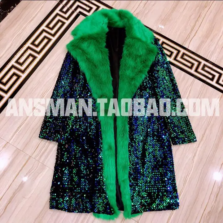 

New Men Fashion long coat sequin costume Outerwear DS Christmas theme green colorful faux Fur Bar nightclub jacket male singer