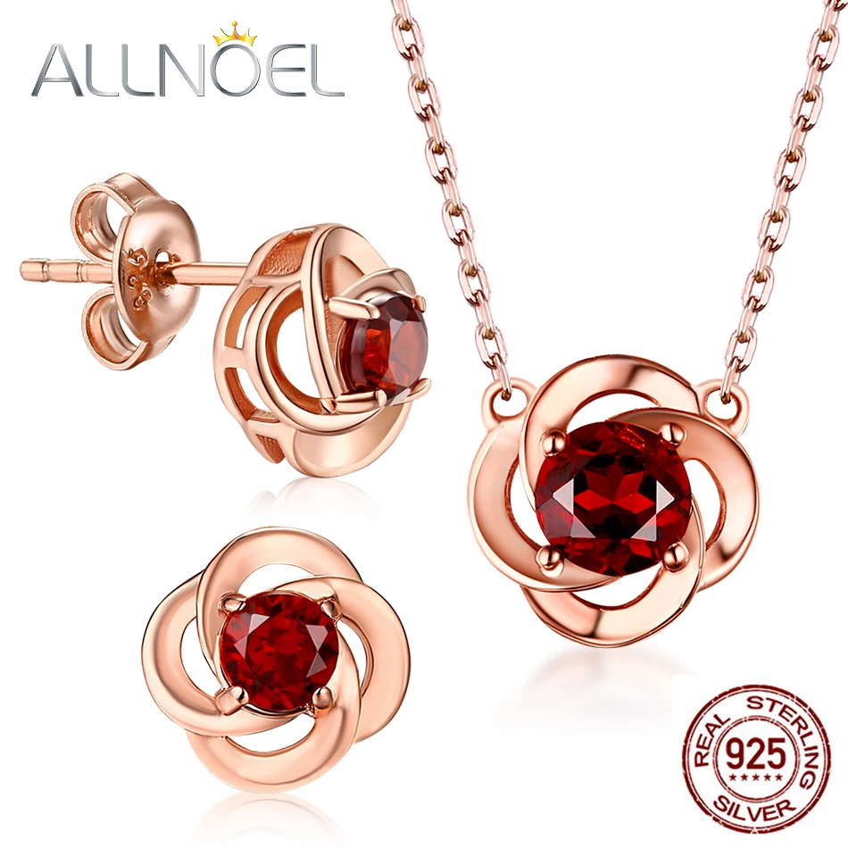 

ALLNOEL Garnet Gemstone Fine Jewelry Sets For Women Necklace Earrings 100% Sterling Silver 925 Rose Gold Wedding Prevent allergy