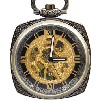 

Fashion Hand Winding Mechanical Pocket Watch Chain Casual Square Shape Skeleton Carving Men Fob Watches Unisex Gift