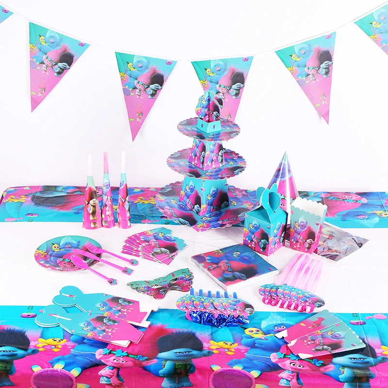

Trolls Theme Kids Birthday Party Set Decoration Party Supplies Paper Cup Plate Napkin Banner/Flag Hat Straw Candy/Popcorn box