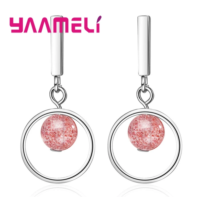 

Pretty Girl Circular 925 Silver circular Long Earrings Statement Strawberry Quartz Dangle Earrings For Wedding Party Gift