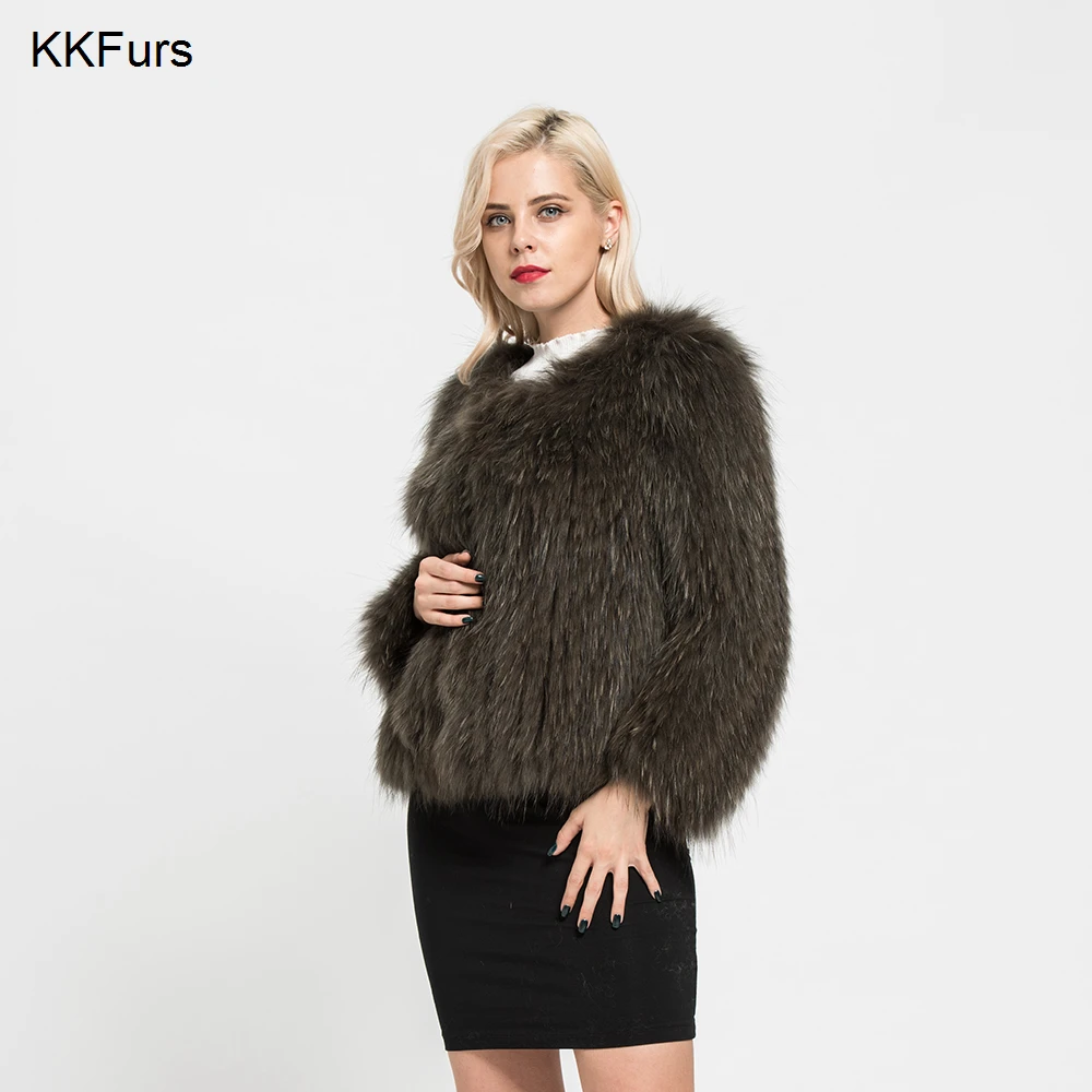 Женская вязаная куртка JKKFURS из натурального меха енота на весну осень и зиму S7105