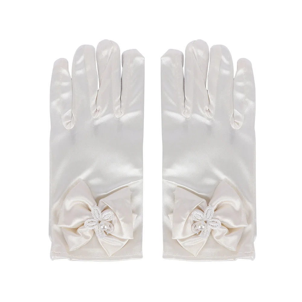 1 пара милые эластичные перчатки для выступлений для девочек атласные жемчужные кружевные перчатки для стрельбы из лука короткие детские танцевальные перчатки принцессы - Цвет: ivory