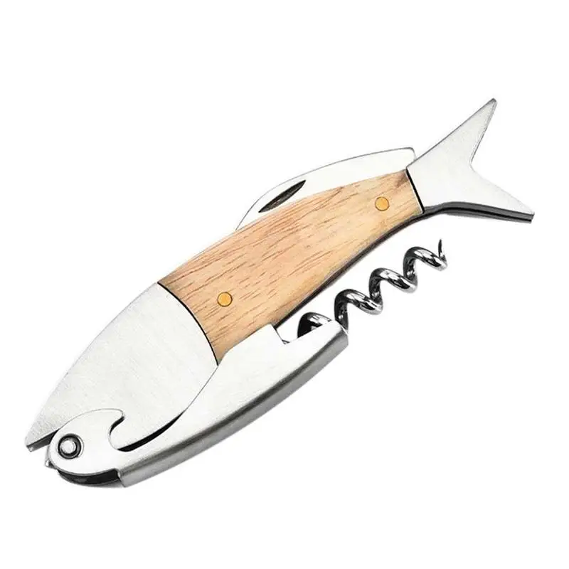 Stainless Steel Wooden Fish Bones Wine Opener Professional Corkscrew