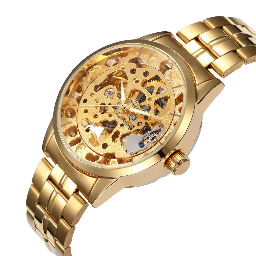 Luxury font b Men s b font Gold Full Steel Transparent Watch Skeleton Automatic font b