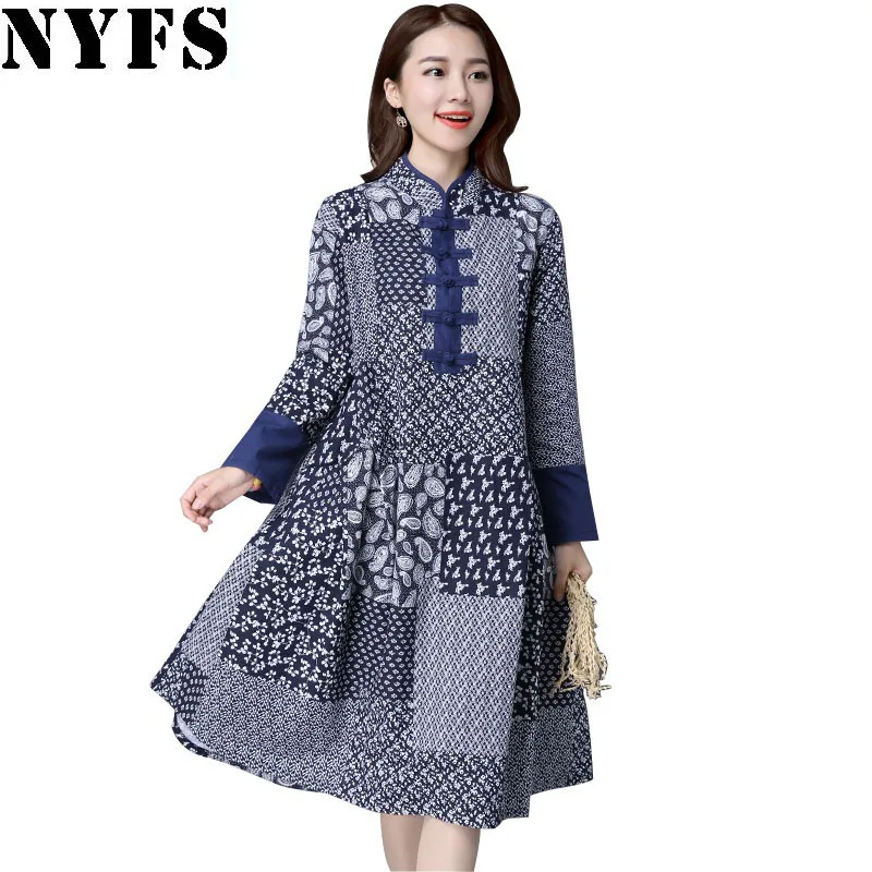 

NYFS 2019 New Autumn women dress Cotton Linen Women Dress blue and white porcelain long dress Female Vestidos Robe