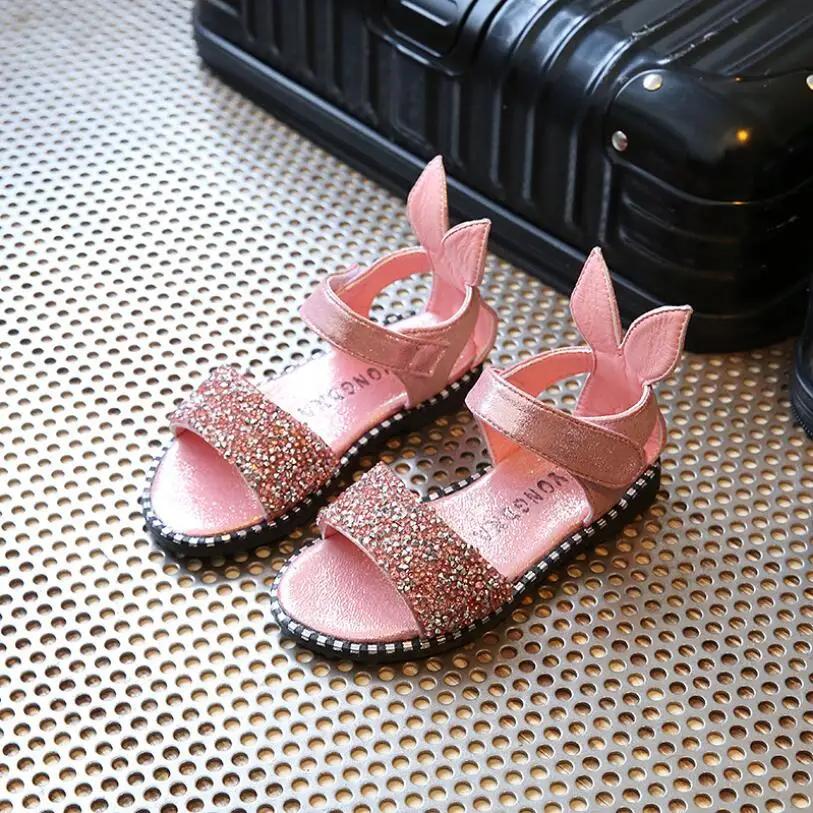 Новая модная одежда для девочек сандалии Кролик уха Bling блестящие туфли со стразами принцессы туфли на плоской подошве для девочек с бантом удобные босоножки