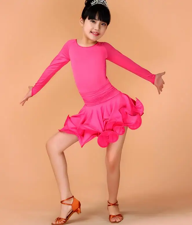 Детская Одежда для танцев с длинными рукавами для девочек, стандартное платье для латиноамериканских танцев, детское платье для Чача Румба, танго, сальсы, бальных танцев - Цвет: Красный