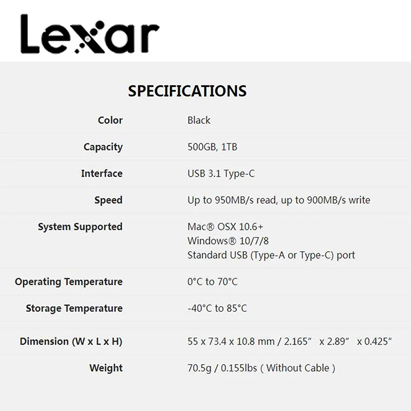 Lexar Профессиональный SL100 Pro Портативный SSD до 950 МБ/с. читать, 900 МБ/с. записи мобильные твердотельный накопитель USB 3,1 Тип-C 500GB 1 ТБ