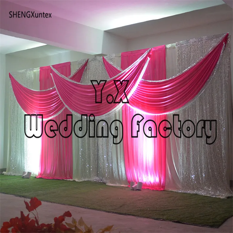 

Free shipping Nice 3m*6m ice silk fabric White Color Backdrop Curtain With Fuchsia Color Swag Drape and sequin fabric