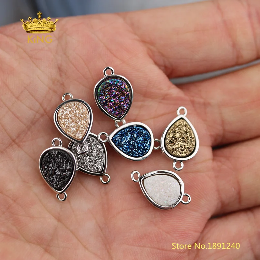 10pcs Flat Teardrop Druzy Small Connectors Bulk Random Titanium Drusy Agates Plated Silvery Copper Charm Link Bracelet DSS153 | Украшения и