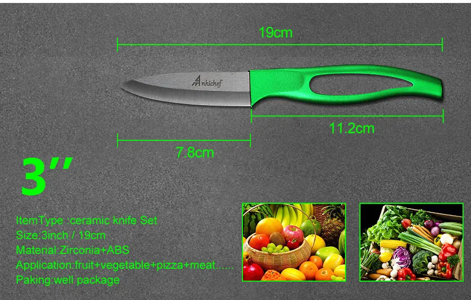 Керамический нож Anhichef, кухонный набор " 4" " дюймов, черное лезвие, зеленая ручка, кухонные ножи для очистки овощей и фруктов