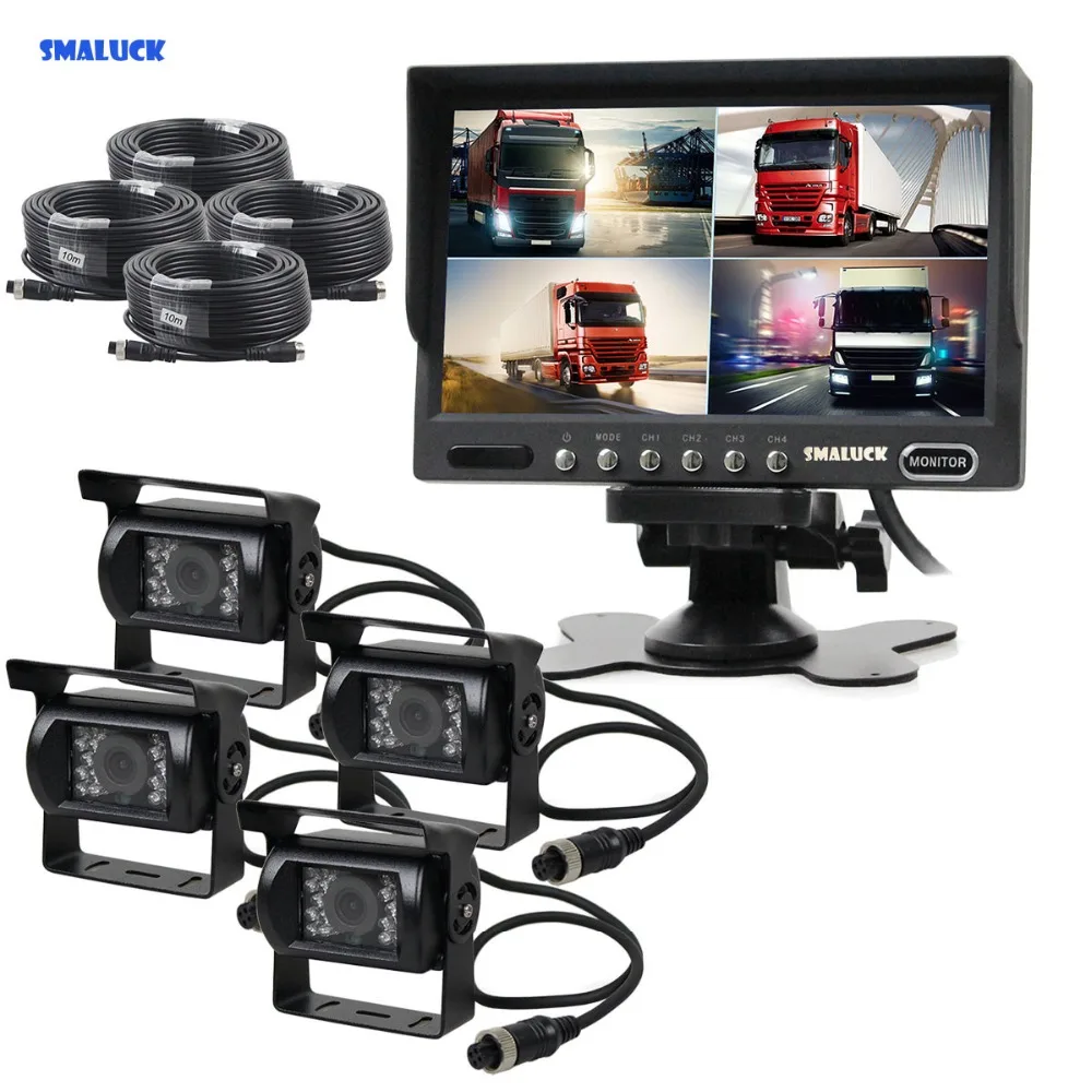 

SMALUCK 7" 4 Split QUAD Backup Rear View Car Monitor + CCD IR Night Vision Reversing Rear View Camera Waterproof for Truck Bus