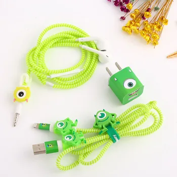 

Newest Cute Cartoon USB Cable Earphone Protector Set With Cable Winder Stickers Spiral Cord Protector For iphone 5 6 6s 7plus