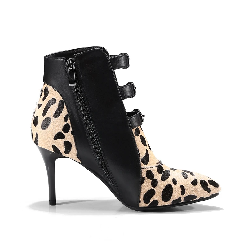 Женские ботильоны на высоком каблуке леопардовые ботинки из конского волоса с
