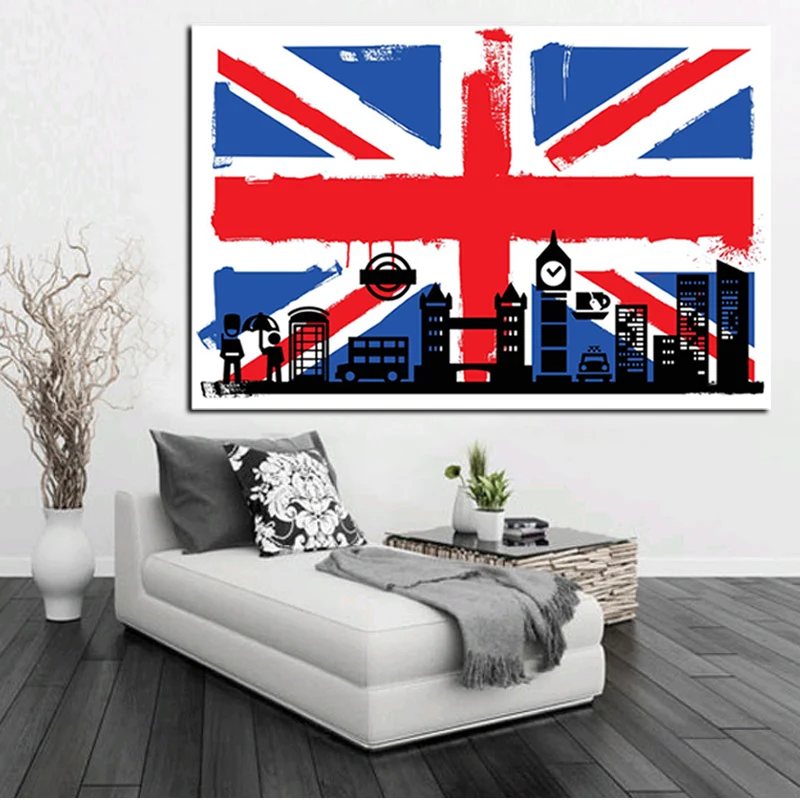 HD Print London Flag of British with Big Ben Abstract Oil Painting on Canvas Modern Wall Art Picture for Living Room Sofa Poster (2)