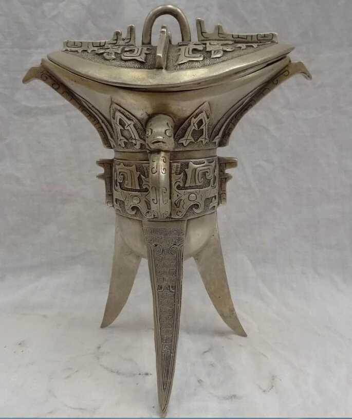 

10" Folk Chinese Silver Collect Dragon Head Statue Dynasty Wine Cup Set (B0413)