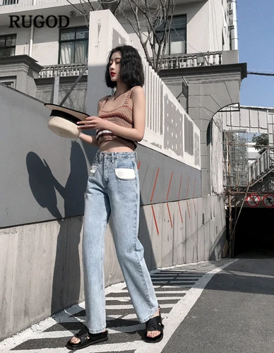 

RUGOD 2019 New Arrival Women Jeans High Waist Zipper Fly Full Length Straight Pants Wide Legs Pants Modis Mujer Denim Jeans