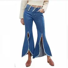 Весенние женские модные джинсы с кисточками спереди Раздвоенная вспышка женские узкие джинсы скинни для женщин повседневные брюки с высокой талией синие