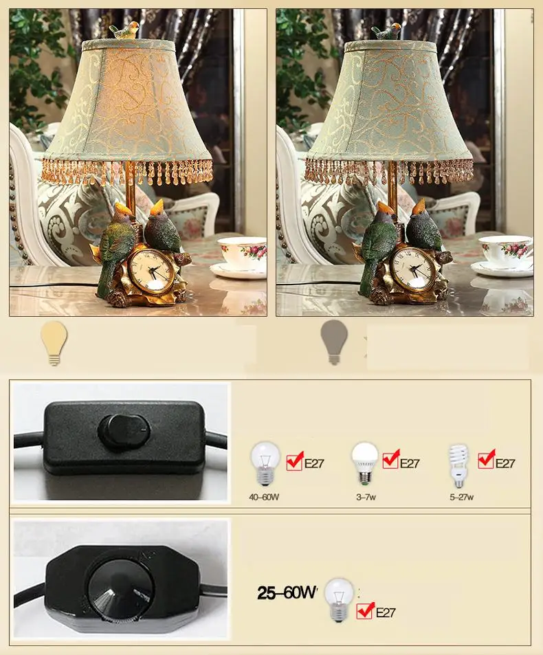 Декоративные часы с птицами настольная лампа прикроватная лампа винтажный смоляный стиль короткий современный абажур для гостиной спальни E27 светодиодный ночной Светильник