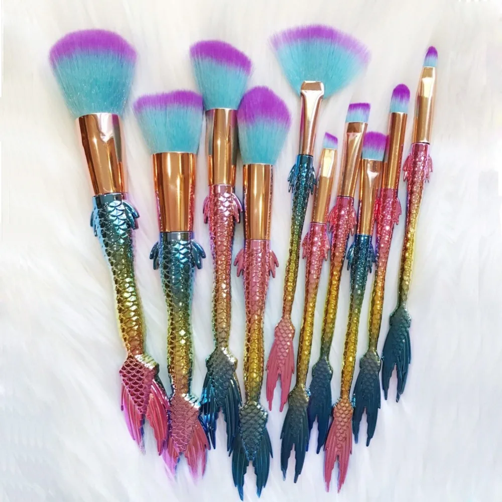 

10Pcs Mermaid Makeup Brush Set Fish Tail Foundation Powder Eyeshadow Make up Brushes Contour Blending Cosmetic Brushes
