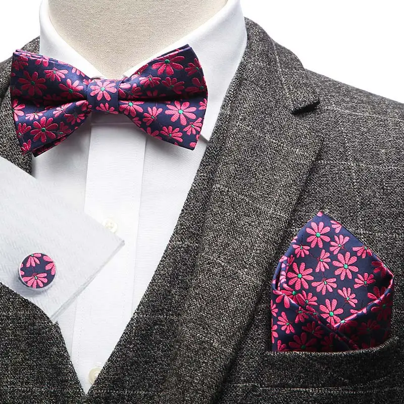 YISHLINE набор-3 мужской галстук-бабочка и платок запонки набор в полоску Цветочный Узор Пейсли мужские галстуки смокинг Свадебные регулируемые - Цвет: 3PBS-19