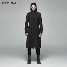 PUNK RAVE Mens Gothic Jakcets Simple Mid-length Coats Fashion Stand Collar Evening Party Long Jacket Stage Performance Long Coat